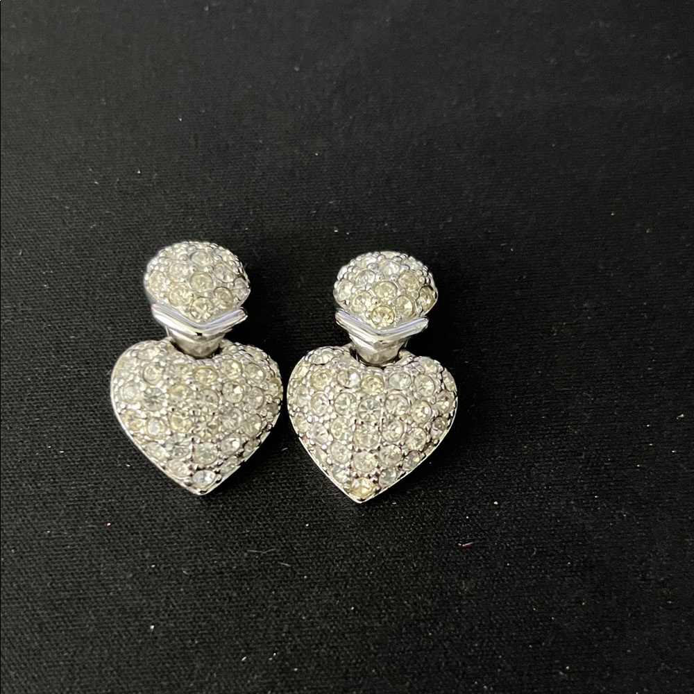 Silver Tone Rhinestone Heart Clip On Earrings